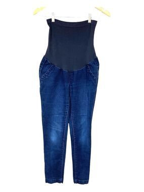 Indigo Blue Skinny Maternity Jeans in Dark Blue with Black Panel Size M (8-10)